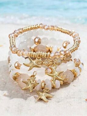 4pc. Stackable Bohemian Style Starfish Pendant Beaded Crystal Bracelete
